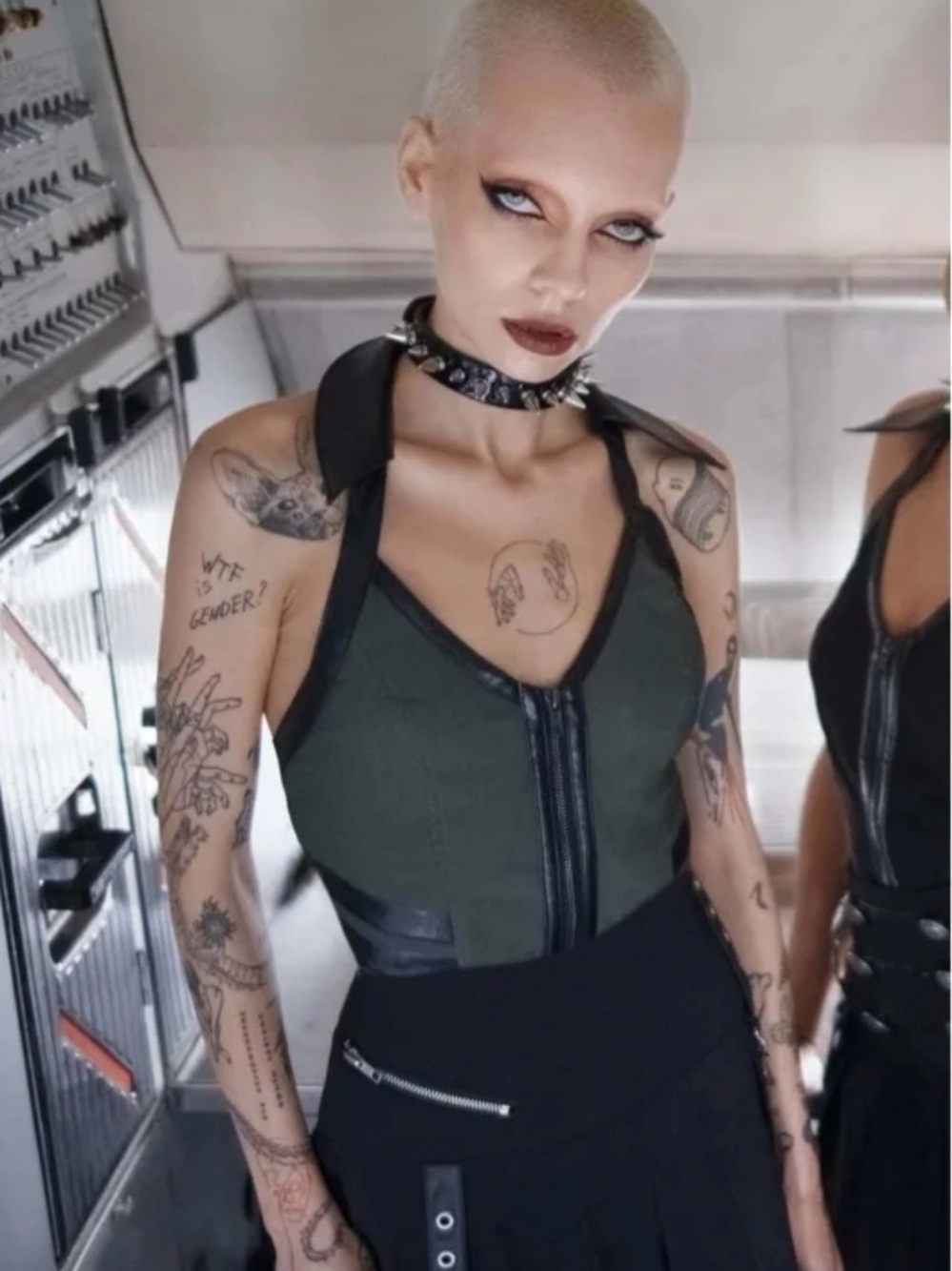 Killstar Anita Ammo Halter Faux Leather Goth Grunge Green Black Top size XL